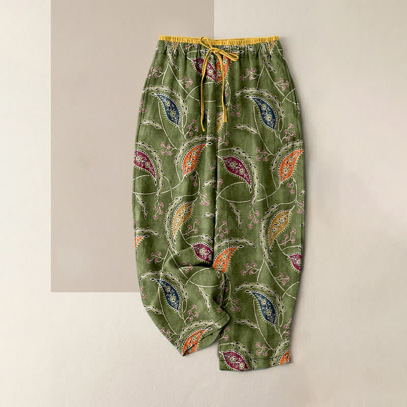 Buddha Stones Damesbroek van 100% Cotton met etnische bloemen- en paisleyprint, elastische Taille en Zakken. - Olijfgroen - US16, UK/AU20, EU48 (3XL) - image 0