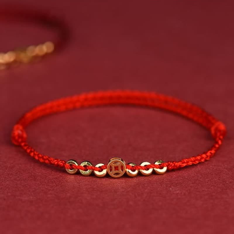 Buddha Stones Gevlochten rood koord rond Chinees muntje Armband - Rood (Polsomtrek: 16–19 cm) - image 0