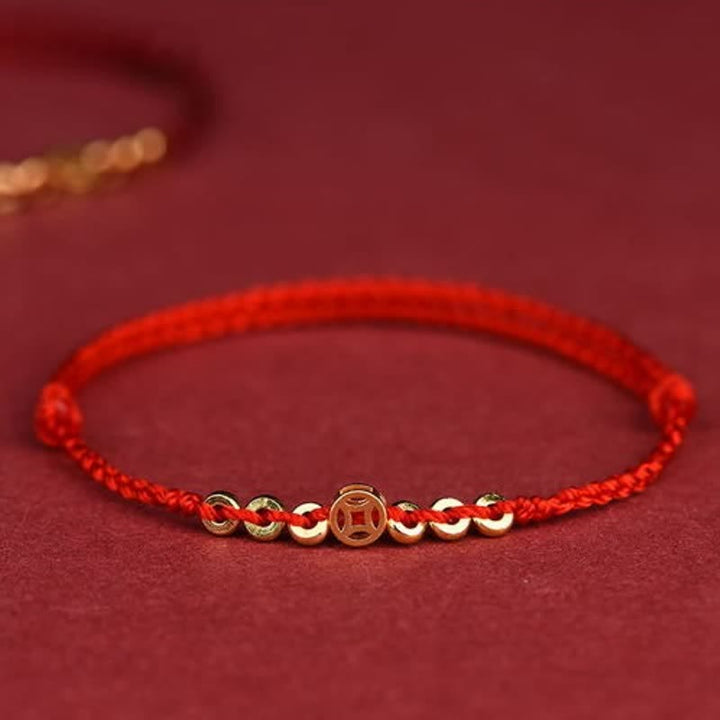 Buddha Stones Gevlochten rood koord rond Chinees muntje Armband - Rood (Polsomtrek: 16–19 cm) - image 0