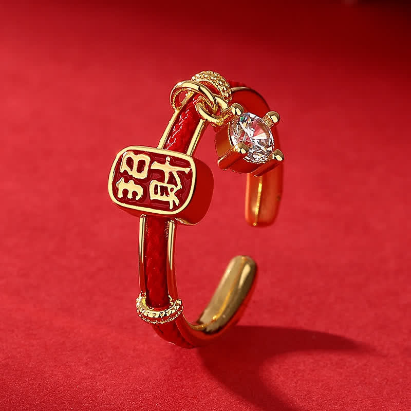 Buddha Stones Ring van koperlegering met rood koordje voor geluk en welvaart. - Gouden Ring - US8 - image 0