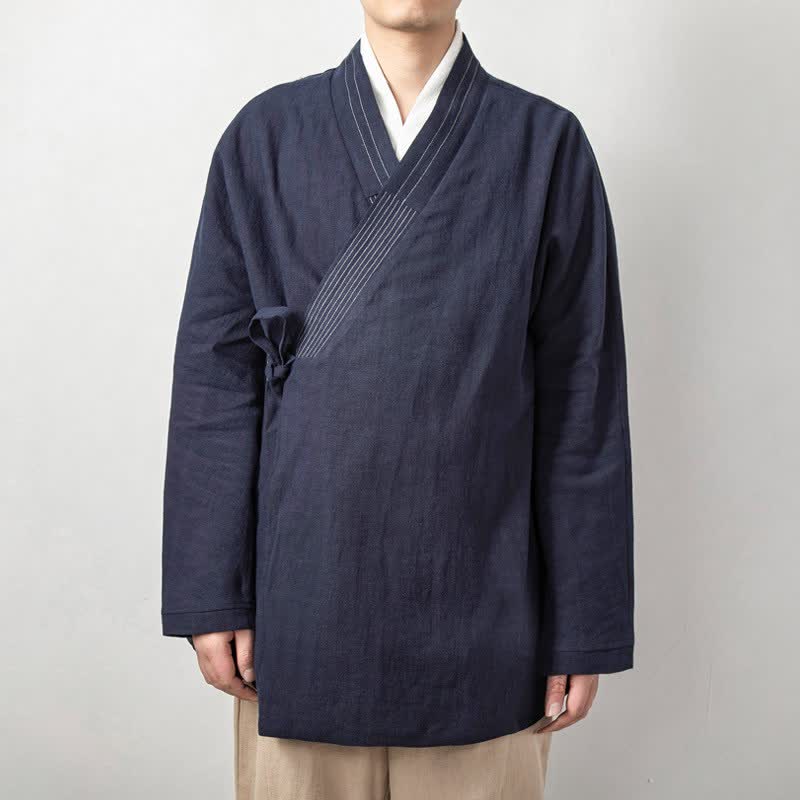 Buddha Stones Herfst Tang-stijl vintage kimono met trekkoord, gemaakt van effen ramie voor heren. - Marine - US/UK/AU44, EU54 (4XL) - image 1