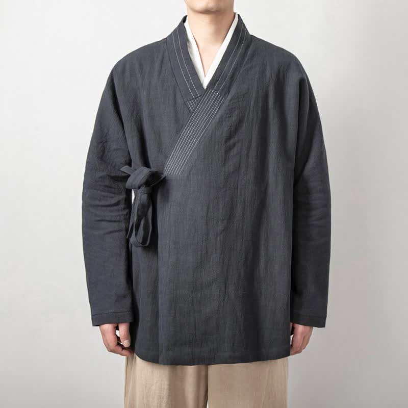 Buddha Stones Herfst Tang-stijl vintage kimono met trekkoord, gemaakt van effen ramie voor heren. - Licht leigrijs - US/UK/AU44, EU54 (4XL) - image 0