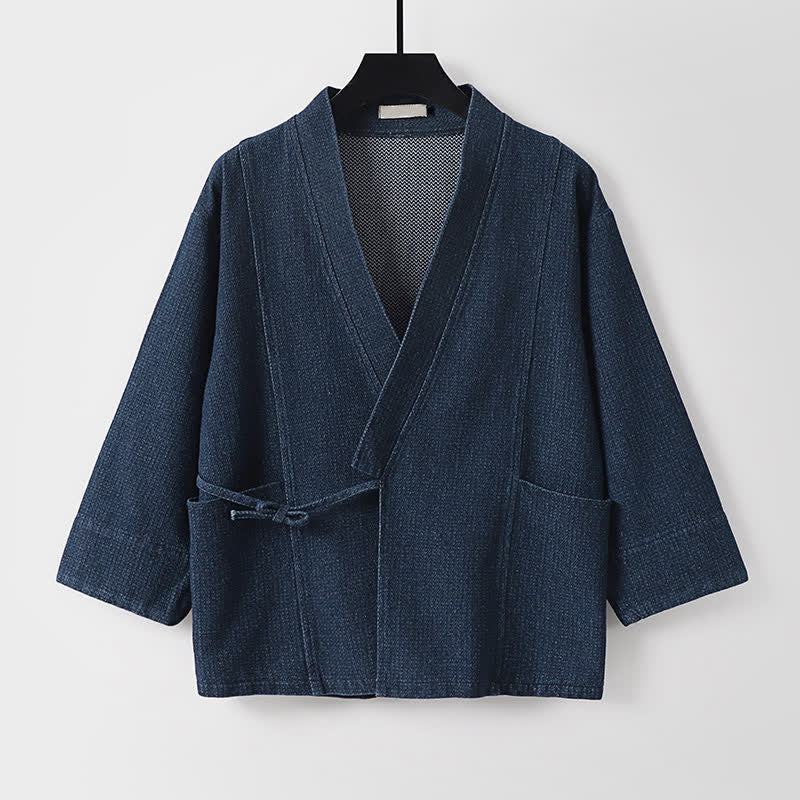 Buddha Stones Casual minimalistische herenkimono met trekkoord en zakje, effen katoenlinnen. - image 1