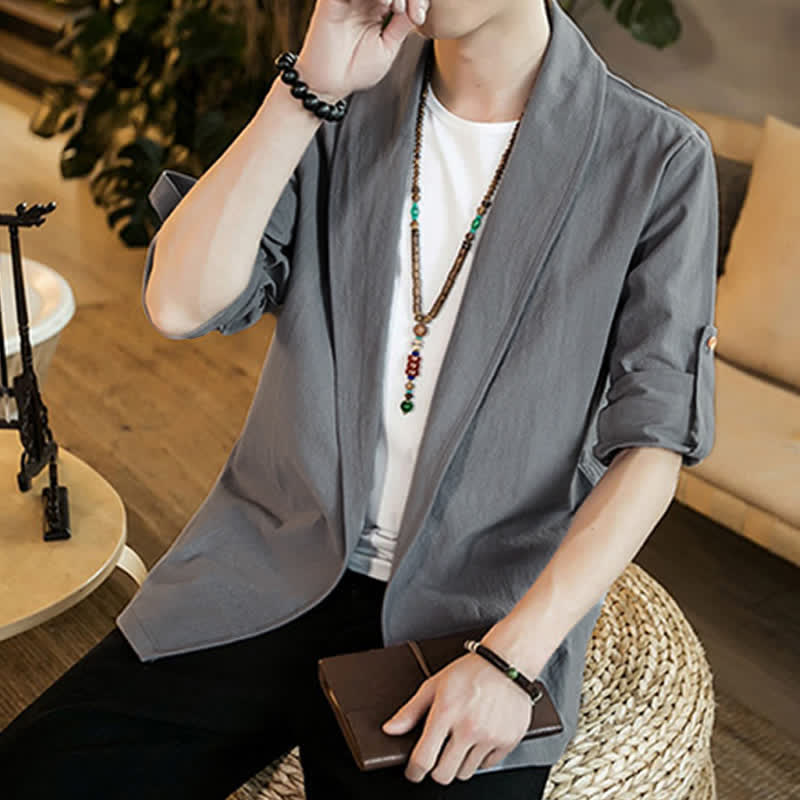 Buddha Stones Lente/Herfst Casual Minimalistische Effen Herenkimono - image 9