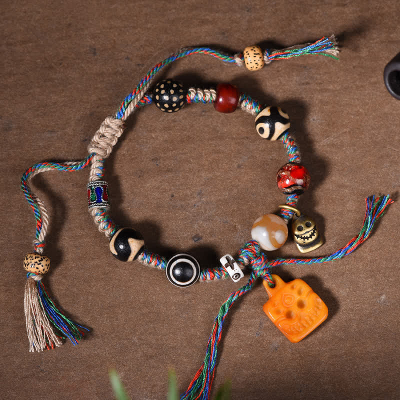 Buddha Stones Tibetaanse Dzi kralenarmband van been, gevlochten, veelkleurig Armband , met zegeningen. - Dzi-kraal (Rijkdom ♥ Geluk) - image 0