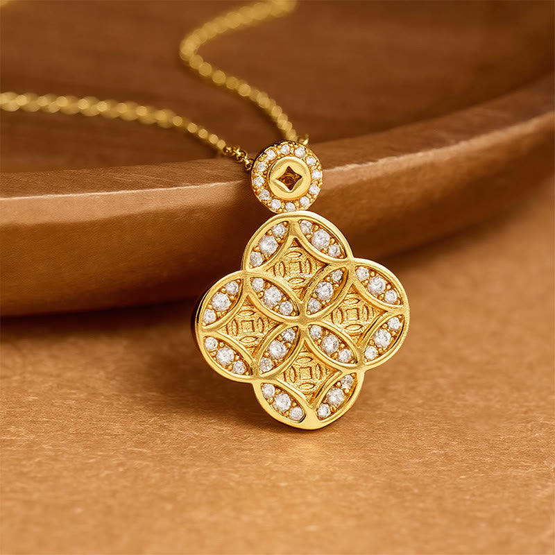 Buddha Stones Koperen Chinese munt met klavertje vier als symbool voor voorspoed, Ketting - image 1