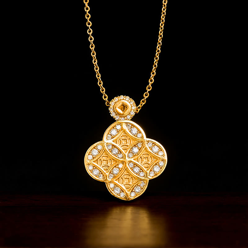 Buddha Stones Koperen Chinese munt met klavertje vier als symbool voor voorspoed, Ketting - Chinese munt - image 0