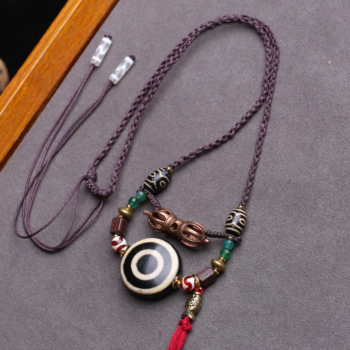 Buddha Stones Tibetaanse Dzi-kraal Vajra Drie-Oog Dzi-kraal Gevlochten Touw Ketting - Ongeveer 24 × 10 mm - image 0