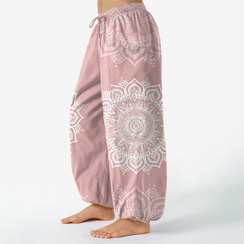 Buddha Stones Witte katoenen boho harembroek met mandala-patroon, elastische Taille en Zakken voor dames. - image 1