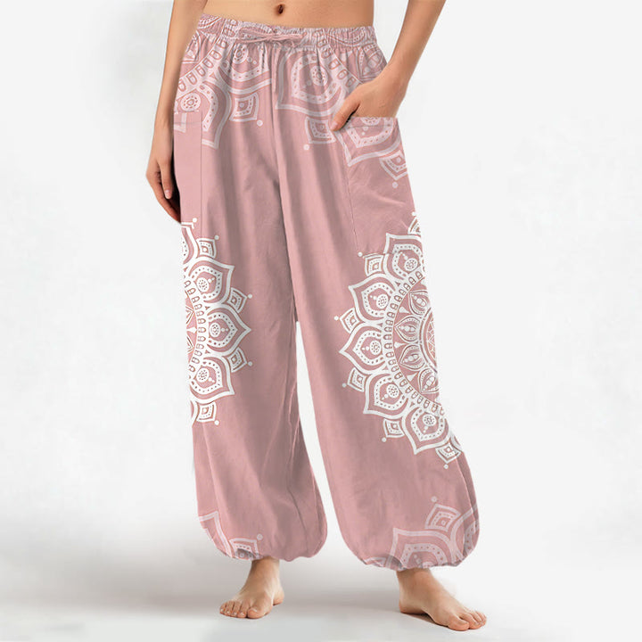 Buddha Stones Witte katoenen boho harembroek met mandala-patroon, elastische Taille en Zakken voor dames. - Lichtroze - US16, UK/AU20, EU48 (3XL) - image 0