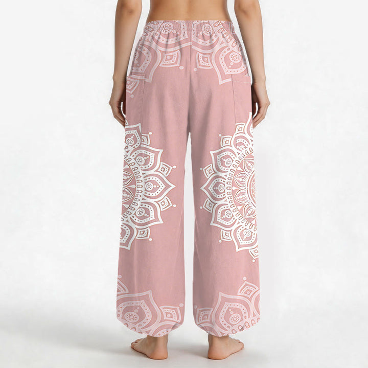 Buddha Stones Witte katoenen boho harembroek met mandala-patroon, elastische Taille en Zakken voor dames. - image 2