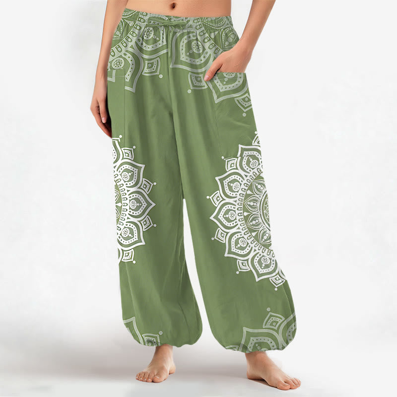 Buddha Stones Witte katoenen boho harembroek met mandala-patroon, elastische Taille en Zakken voor dames. - Donkerzeegroen - US16, UK/AU20, EU48 (3XL) - image 7