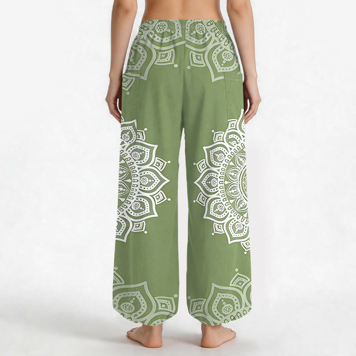 Buddha Stones Witte katoenen boho harembroek met mandala-patroon, elastische Taille en Zakken voor dames. - image 9