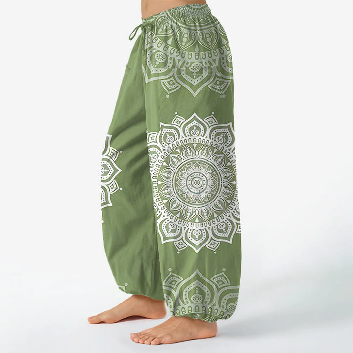 Buddha Stones Witte katoenen boho harembroek met mandala-patroon, elastische Taille en Zakken voor dames. - image 8