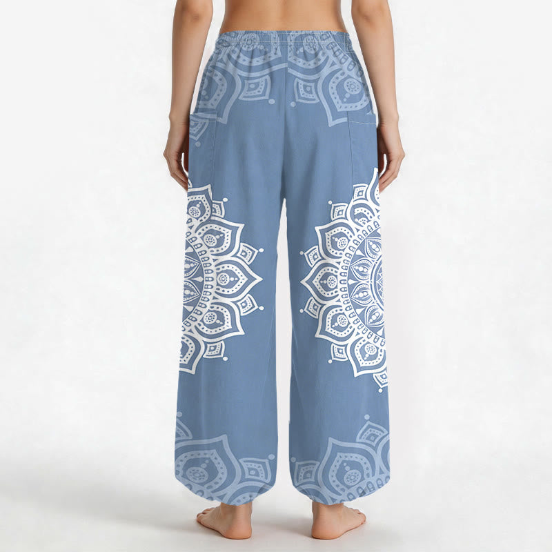 Buddha Stones Witte katoenen boho harembroek met mandala-patroon, elastische Taille en Zakken voor dames. - image 12