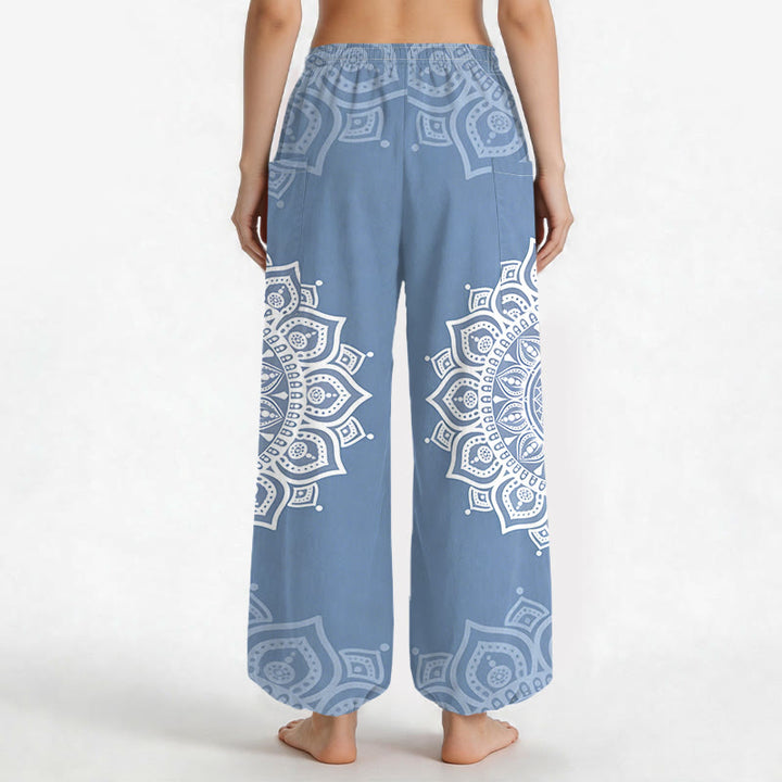 Buddha Stones Witte katoenen boho harembroek met mandala-patroon, elastische Taille en Zakken voor dames. - image 12