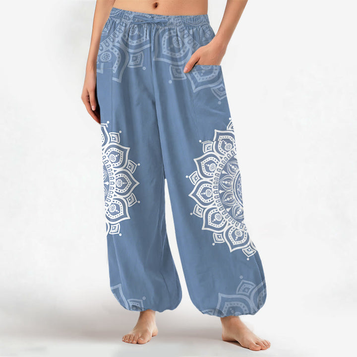 Buddha Stones Witte katoenen boho harembroek met mandala-patroon, elastische Taille en Zakken voor dames. - Lichtstaalblauw - US16, UK/AU20, EU48 (3XL) - image 10