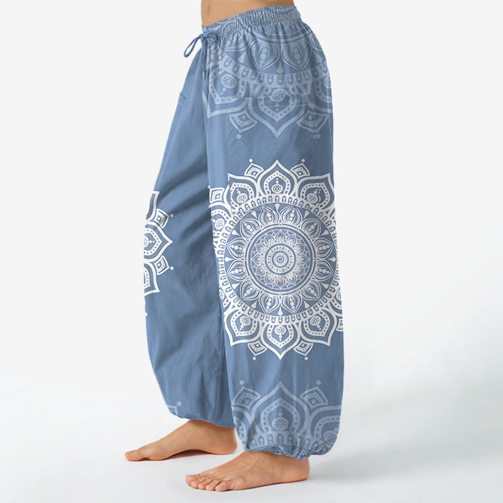 Buddha Stones Witte katoenen boho harembroek met mandala-patroon, elastische Taille en Zakken voor dames. - image 11