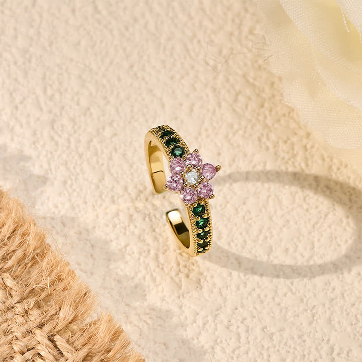 Buddha Stones Koperen Lotus Verlichting Ingelegde Bloemen Open Ring - image 2