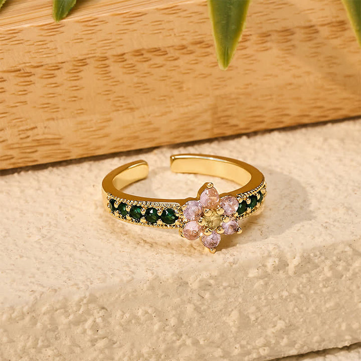 Buddha Stones Koperen Lotus Verlichting Ingelegde Bloemen Open Ring - image 3