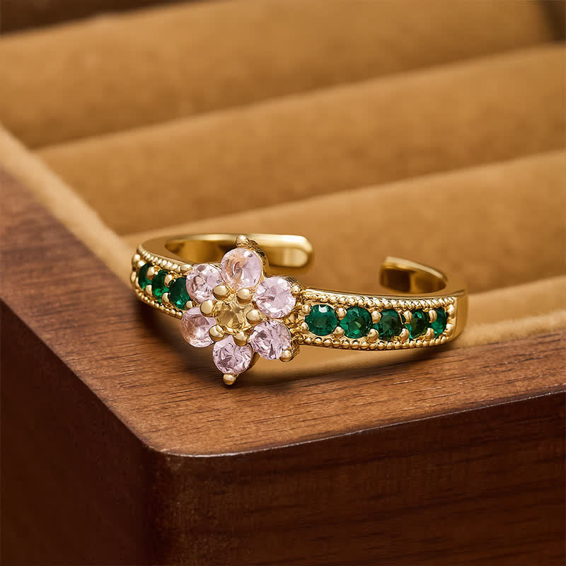 Buddha Stones Koperen Lotus Verlichting Ingelegde Bloemen Open Ring - image 1