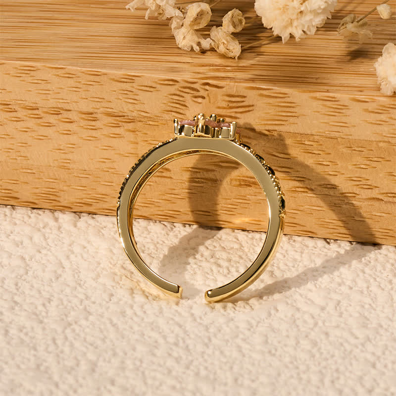 Buddha Stones Koperen Lotus Verlichting Ingelegde Bloemen Open Ring - image 4