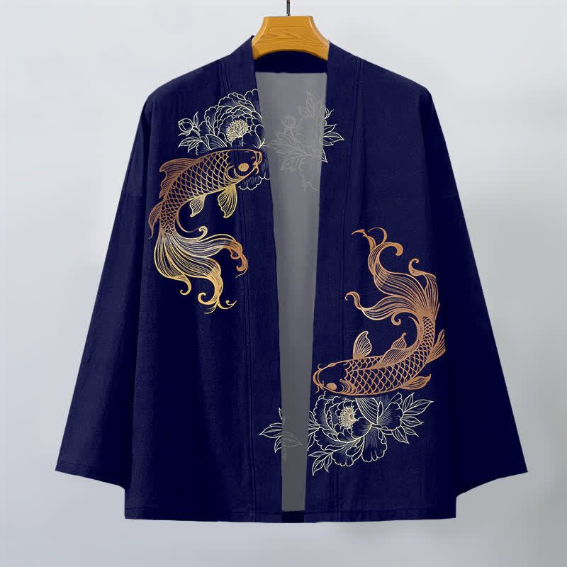 Buddha Stones Katoenen kimono met dubbele koi-bloesemprint en open voorkant voor heren - image 1