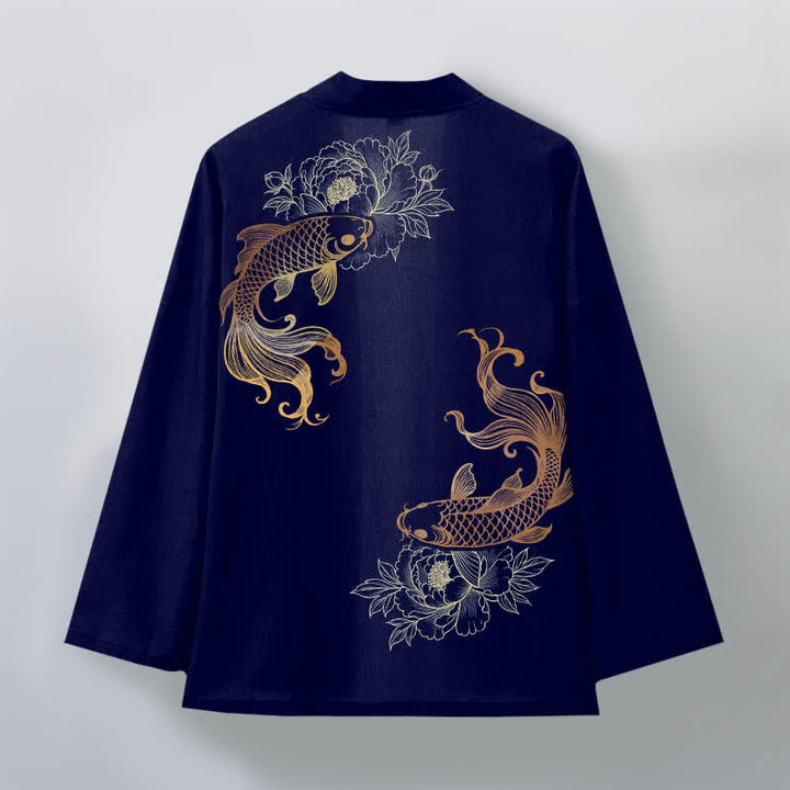 Buddha Stones Katoenen kimono met dubbele koi-bloesemprint en open voorkant voor heren - image 2