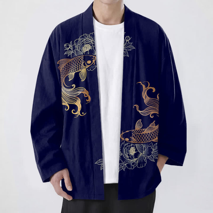 Buddha Stones Katoenen kimono met dubbele koi-bloesemprint en open voorkant voor heren - Marine - US/UK/AU48, EU58 (4XL) - image 0
