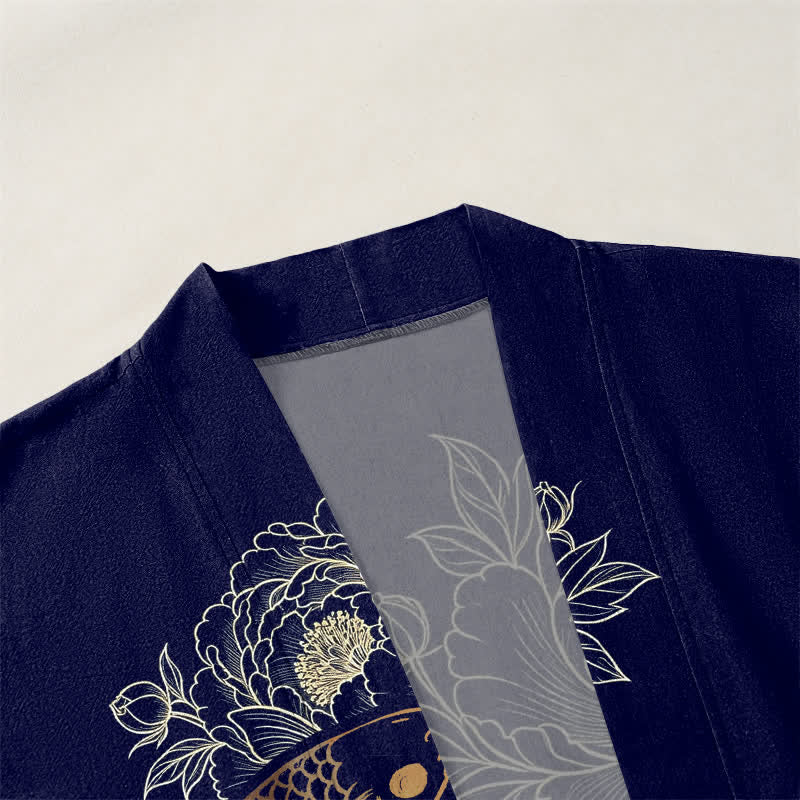 Buddha Stones Katoenen kimono met dubbele koi-bloesemprint en open voorkant voor heren - image 3