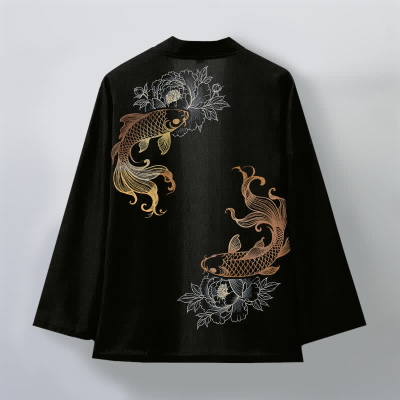 Buddha Stones Katoenen kimono met dubbele koi-bloesemprint en open voorkant voor heren - image 8