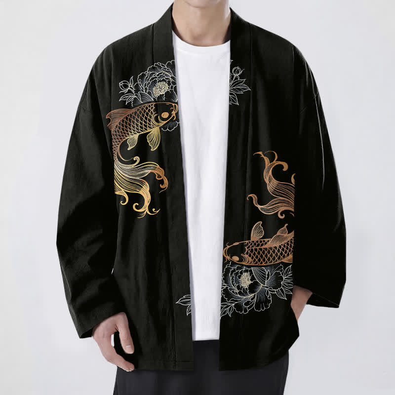 Buddha Stones Katoenen kimono met dubbele koi-bloesemprint en open voorkant voor heren - Zwart - US/UK/AU48, EU58 (4XL) - image 6