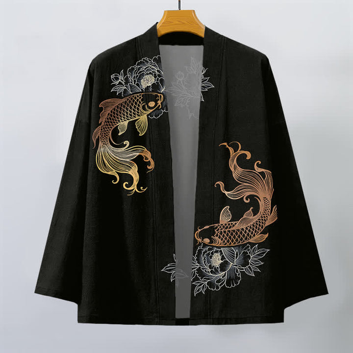 Buddha Stones Katoenen kimono met dubbele koi-bloesemprint en open voorkant voor heren - image 7