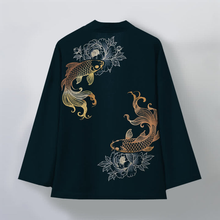 Buddha Stones Katoenen kimono met dubbele koi-bloesemprint en open voorkant voor heren - image 11