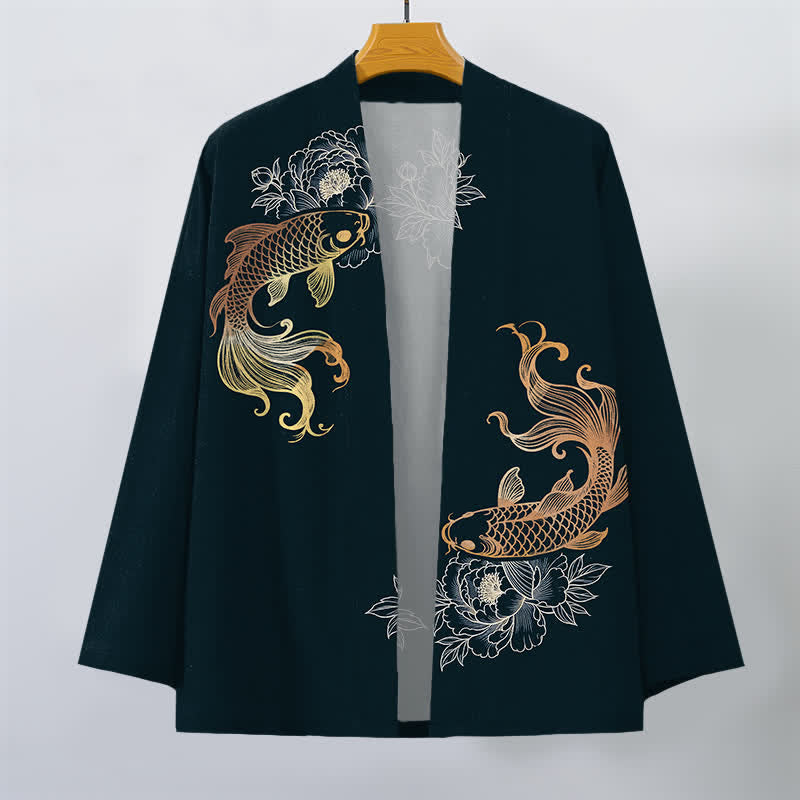 Buddha Stones Katoenen kimono met dubbele koi-bloesemprint en open voorkant voor heren - image 10