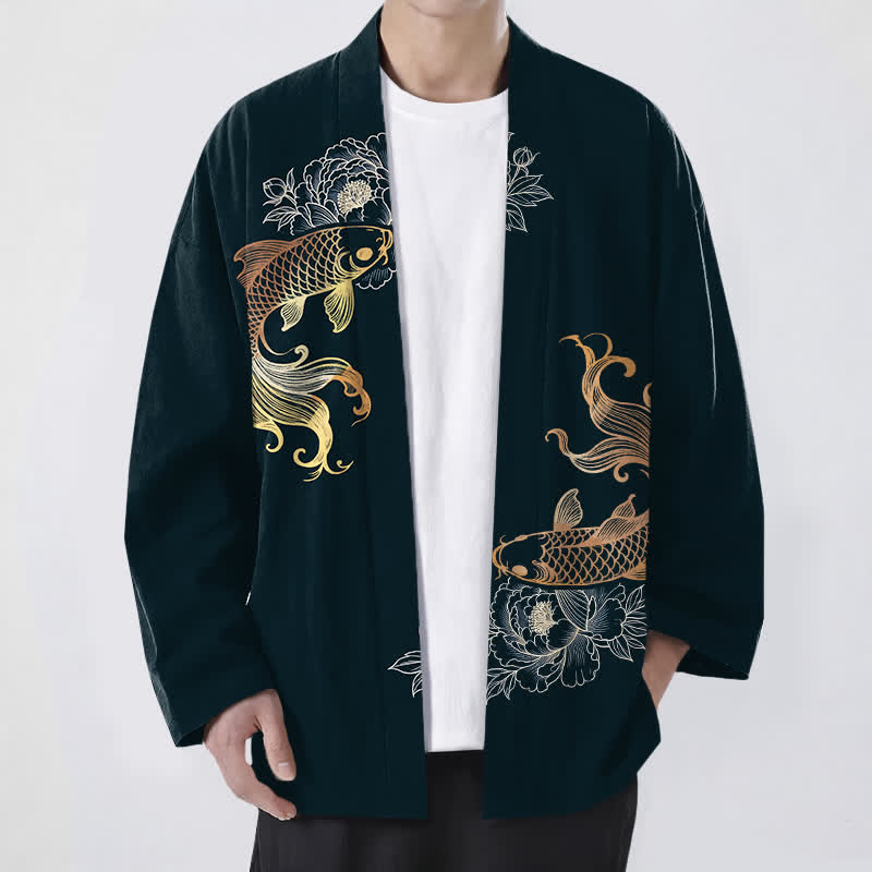 Buddha Stones Katoenen kimono met dubbele koi-bloesemprint en open voorkant voor heren - Donker leigrijs - US/UK/AU48, EU58 (4XL) - image 9