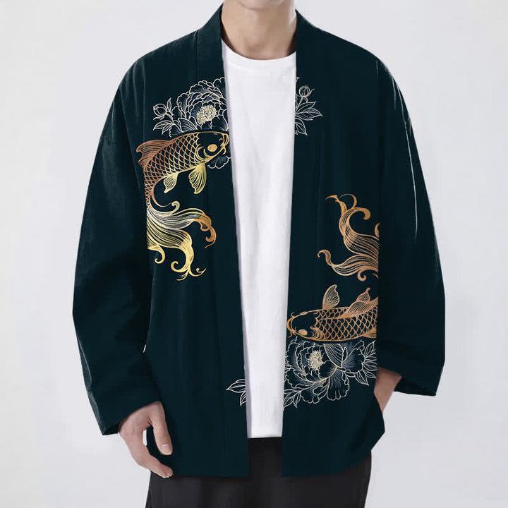 Buddha Stones Katoenen kimono met dubbele koi-bloesemprint en open voorkant voor heren - Donker leigrijs - US/UK/AU48, EU58 (4XL) - image 9