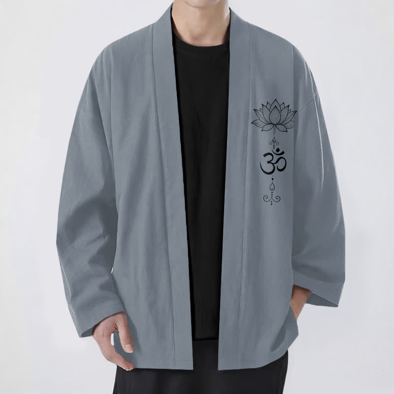 Buddha Stones Katoenen kimono met open voorkant en Zen-lotuspatroon voor heren - Leigrijs - US/UK/AU48, EU58 (4XL) - image 0