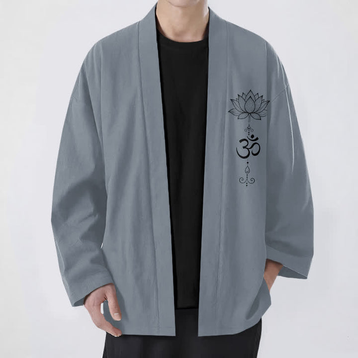 Buddha Stones Katoenen kimono met open voorkant en Zen-lotuspatroon voor heren - Leigrijs - US/UK/AU48, EU58 (4XL) - image 0
