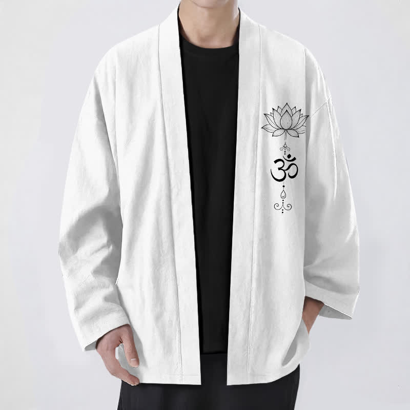 Buddha Stones Katoenen kimono met open voorkant en Zen-lotuspatroon voor heren - Wit - US/UK/AU48, EU58 (4XL) - image 9