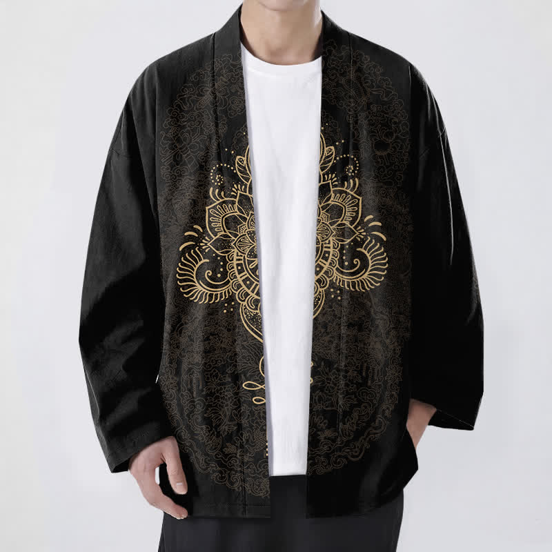 Buddha Stones Katoenen kimono met symmetrisch bloemen- en mandala-patroon en open voorkant voor heren. - Zwart - US/UK/AU48, EU58 (4XL) - image 0