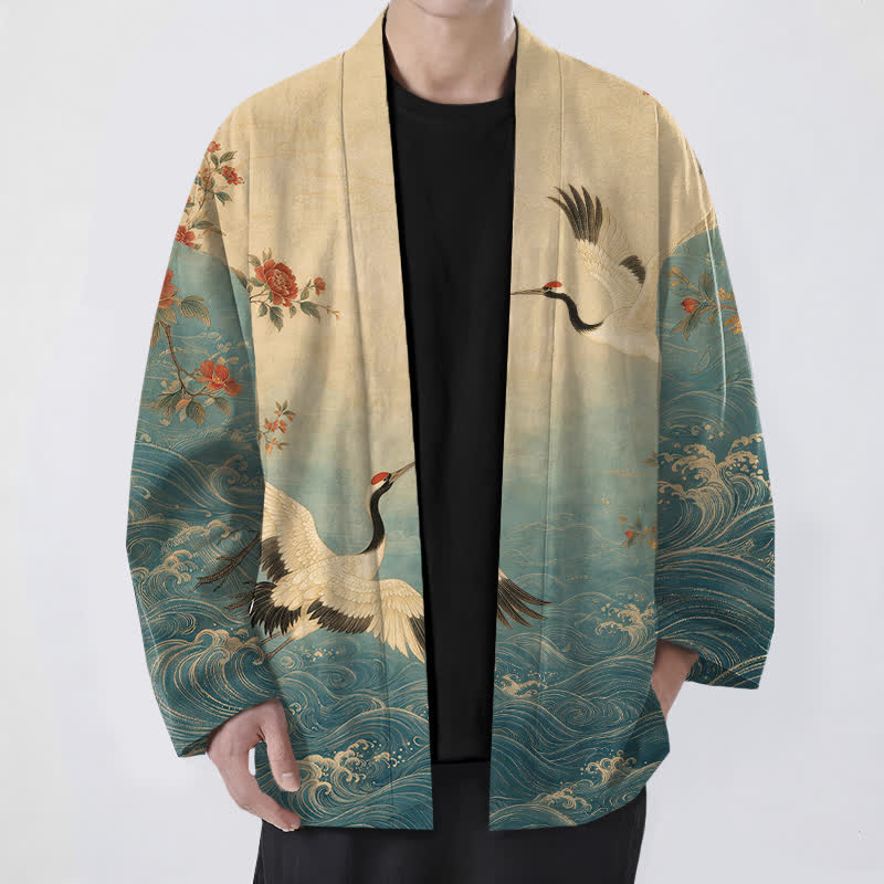 Buddha Stones Katoenen witte kimono met kraanvogel-, bloemen- en golvenpatroon, open voorkant, voor heren - Teal - US/UK/AU48, EU58 (4XL) - image 0