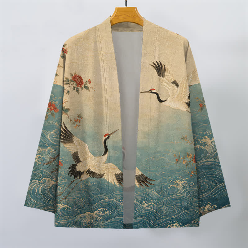 Buddha Stones Katoenen witte kimono met kraanvogel-, bloemen- en golvenpatroon, open voorkant, voor heren - image 1