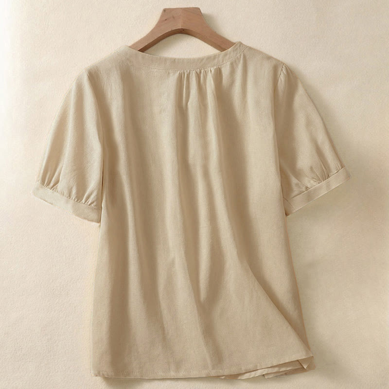 Buddha Stones Casual damesblouse met ronde Ronde hals, knoopsluiting en korte Mouwlengte , gemaakt van linnen. - image 1