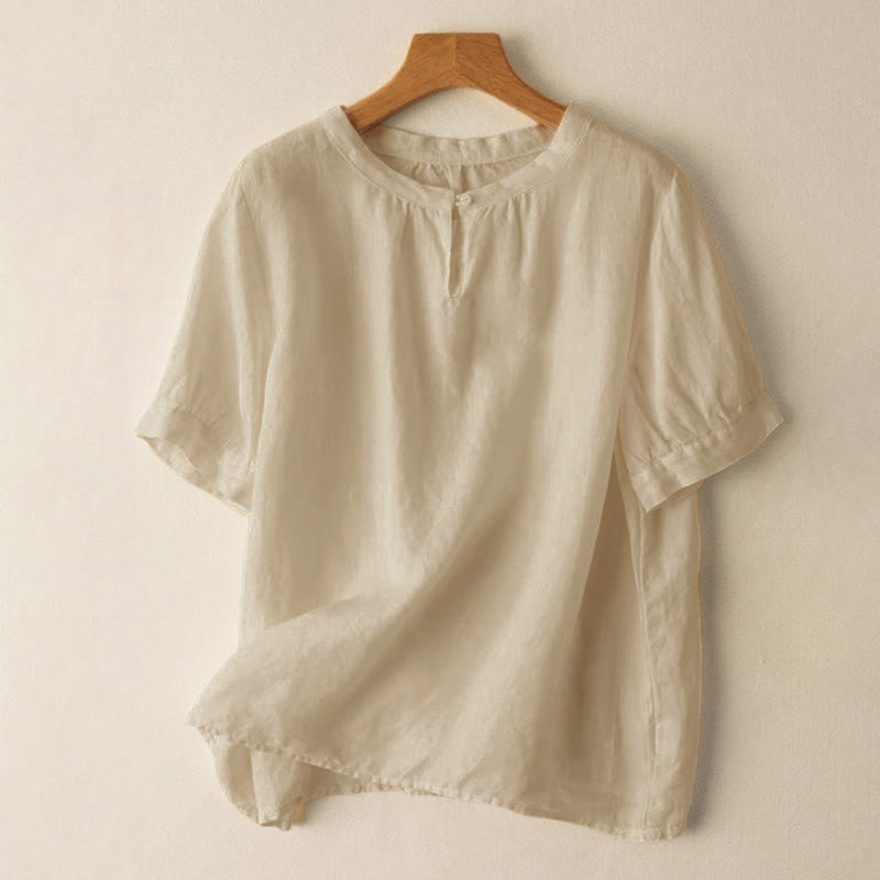 Buddha Stones Casual damesblouse met ronde Ronde hals, knoopsluiting en korte Mouwlengte , gemaakt van linnen. - Beige - US8-10，UK/AU12-14，EU40-42 (2XL) - image 0