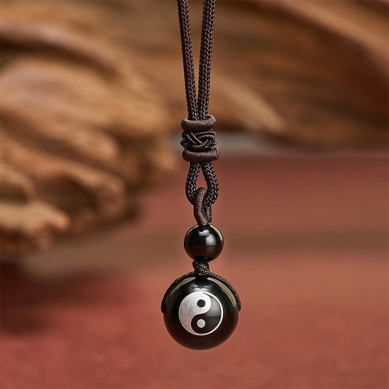 Buddha Stones Zwarte obsidiaan hanger voor zuivering, symbool van Yin Yang - Yin Yang zilverkleurig patroon - 26,8 inch / 68 cm - image 0