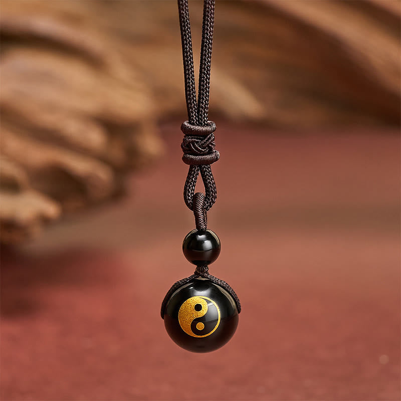 Buddha Stones Zwarte obsidiaan hanger voor zuivering, symbool van Yin Yang - Yin Yang-patroon met gouden stempel - 26,8 inch / 68 cm - image 6