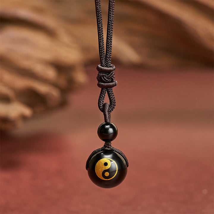 Buddha Stones Zwarte obsidiaan hanger voor zuivering, symbool van Yin Yang - Yin Yang-patroon met gouden stempel - 26,8 inch / 68 cm - image 6