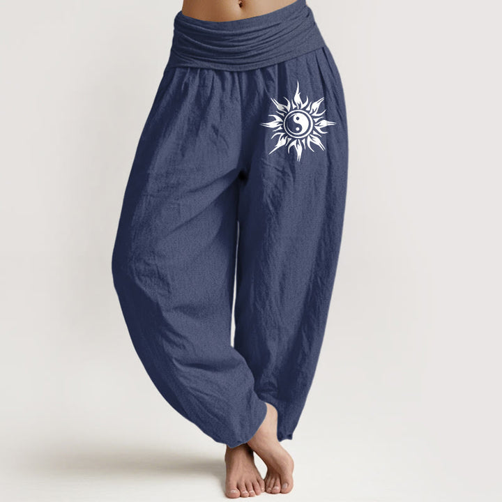 Buddha Stones Harembroek voor dames met elastische Taille en Yin Yang-zonpatroon van 100% Cotton - Donker leisteenblauw - US16, UK/AU20, EU48 (3XL) - image 5