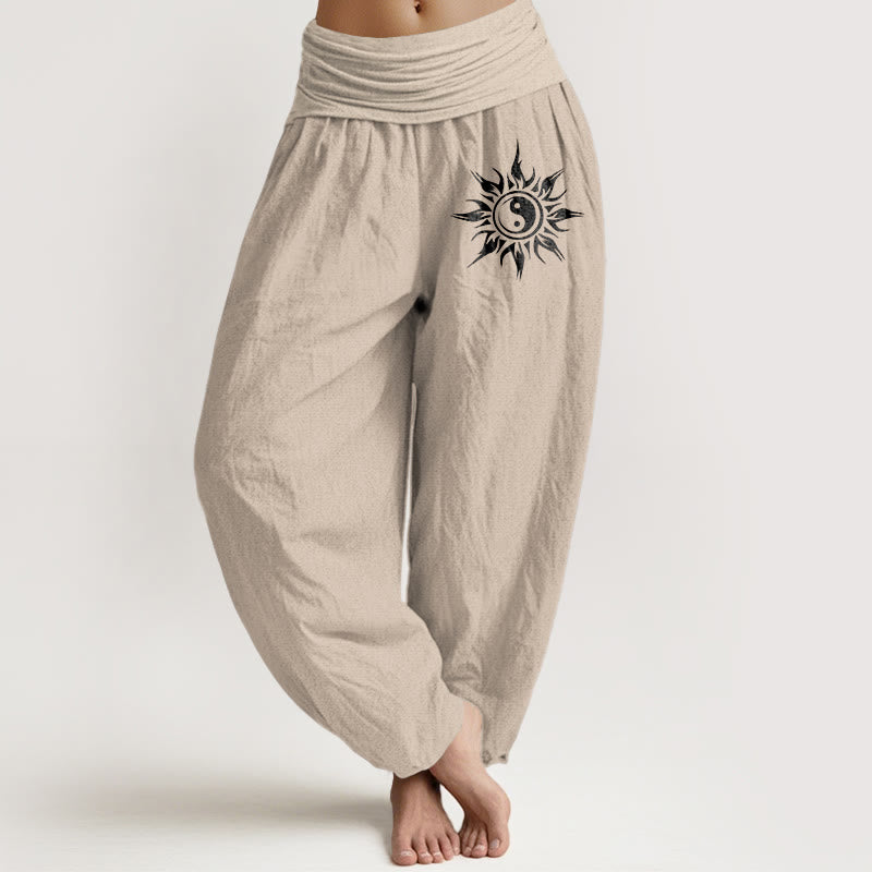 Buddha Stones Harembroek voor dames met elastische Taille en Yin Yang-zonpatroon van 100% Cotton - Bruinen - US16, UK/AU20, EU48 (3XL) - image 11